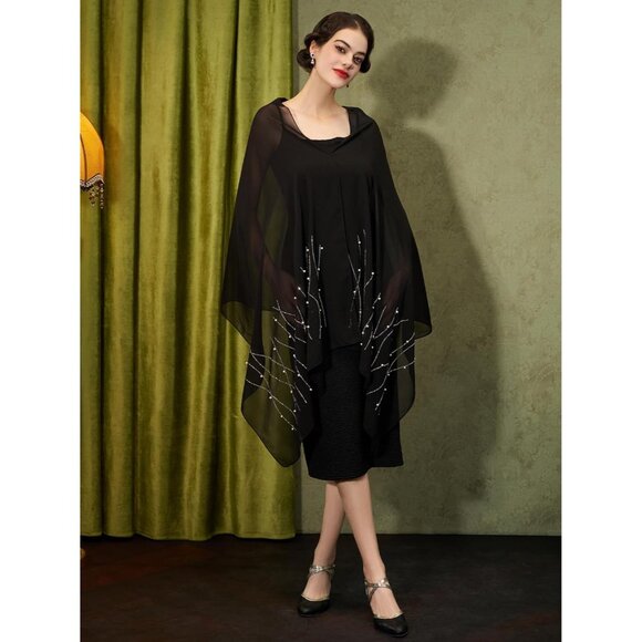 Women Black Sequin Chiffon Shawls and Wraps Formal Rhinestone for Evening Dress - Picture 6 of 6